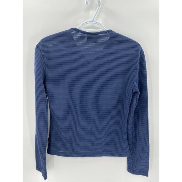 Versace Jeans Navy Blue Stripes Long Sleeve Fitted Sheer Mesh Blouse Top Sz L - Picture 6 of 12